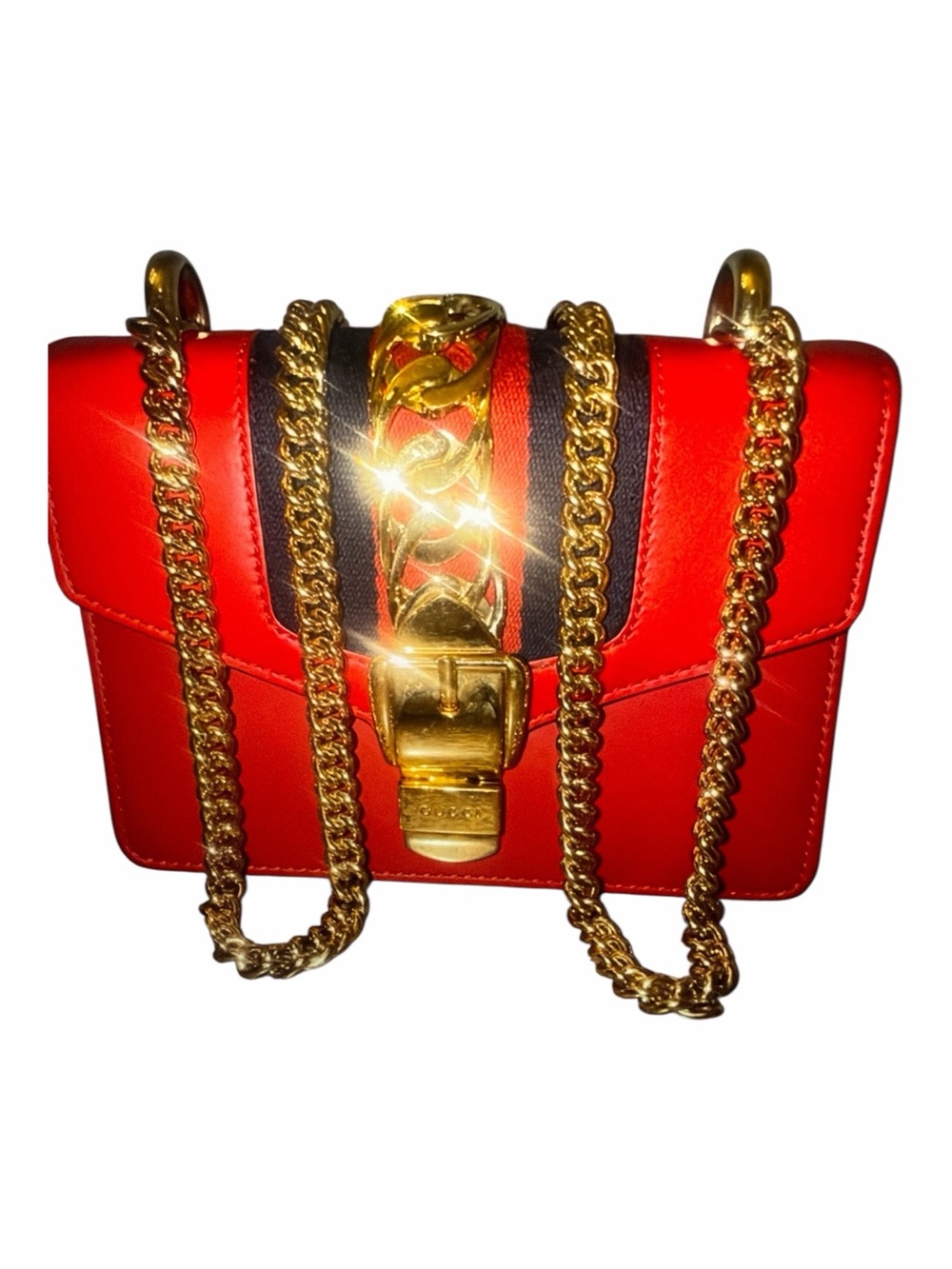 Gucci Hibiscus Red Leather Sylvie Mini Chain Shoulder Crossbody Bag 431666